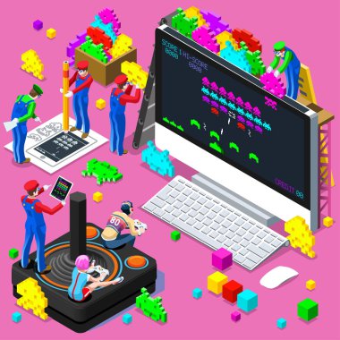 Video Retro oyun oyun izometrik insanlar illüstrasyon vektör