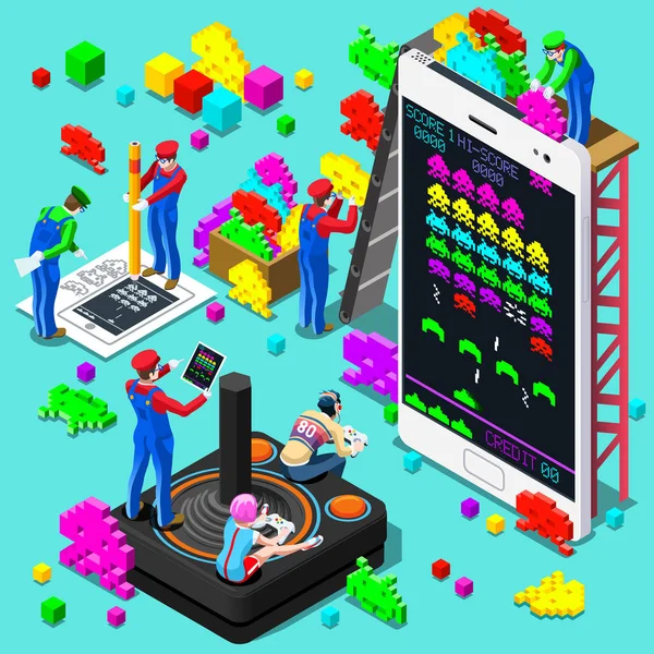 Retro Video Game Gaming Isometric People Vector Illustration — Stock Vector