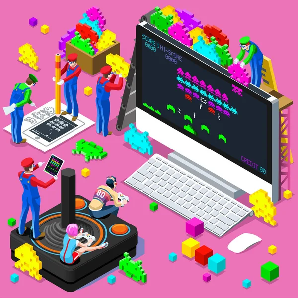 Video Retro Game Gaming Isometric People Vector Illustration — Stock Vector