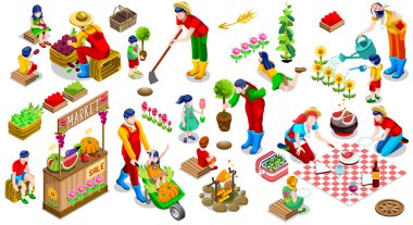 İzometrik insanlar bitki ağaç aile Icon Set vektör çizim