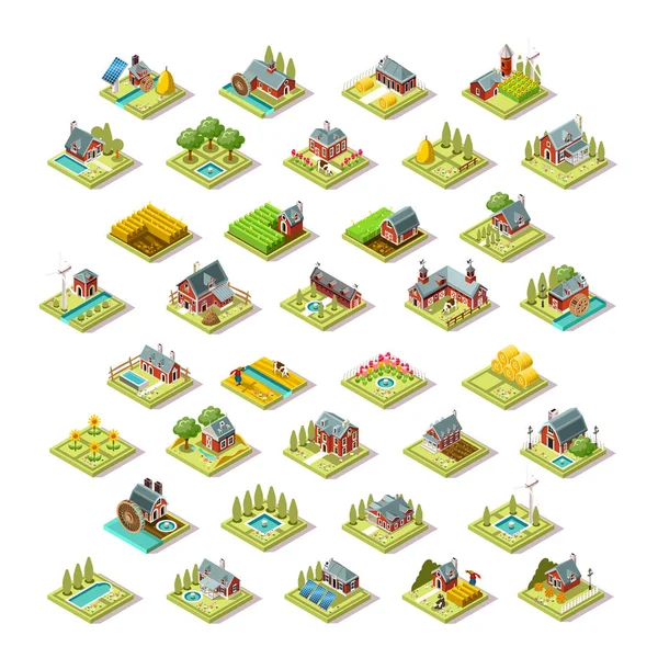 Isometrisch gebouw stad kaart boerderij pictogram Set vectorillustratie — Stockvector