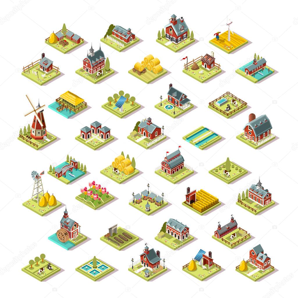Isometric farm house building stuff farming agriculture scene 3D icon set collection vector illustration