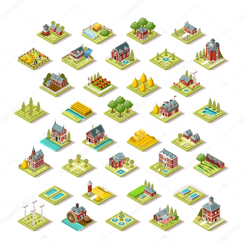 Isometric farm house building stuff farming agriculture scene 3D icon set collection vector illustration