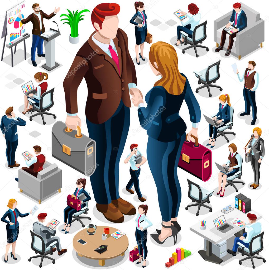 Isometric Icon Set Isolated Business People Vector Illustration