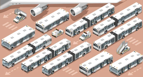 Luchthaven Terminal vliegveldbus Shuttle 3d voertuig isometrische Set — Stockvector