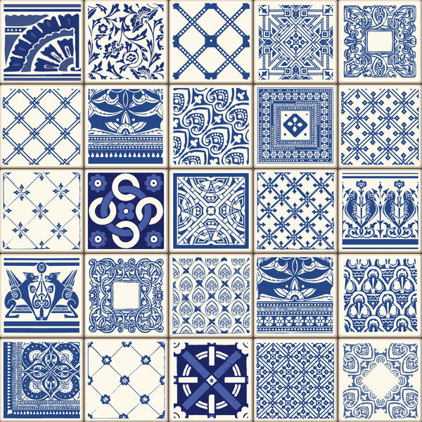 Traditional Blue Ceramic Vintage Flowers Vector Illustration