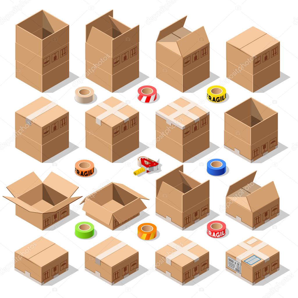 Cardboard Delivery Box Packaging 3D Isometric Vector Icons