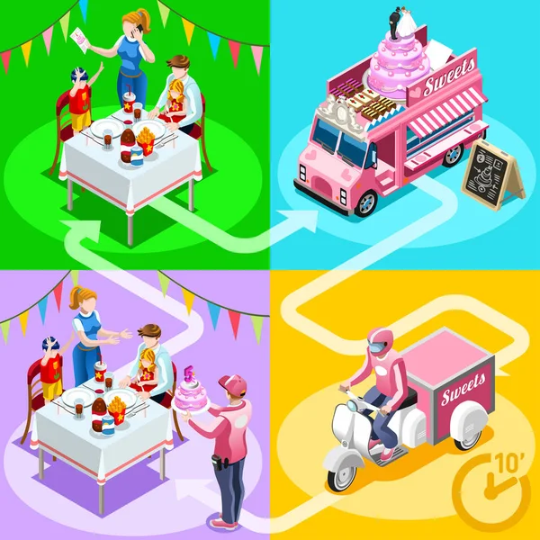 Food Truck Birthday Cake Casa Entrega Vector Isométrico Pessoas —  Vetores de Stock