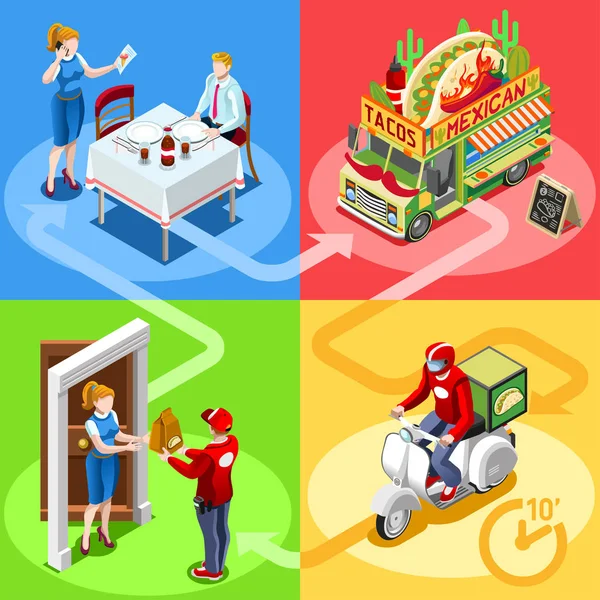 Food Truck Mexican Burrito Home Delivery Vector Isometric People — Stock Vector