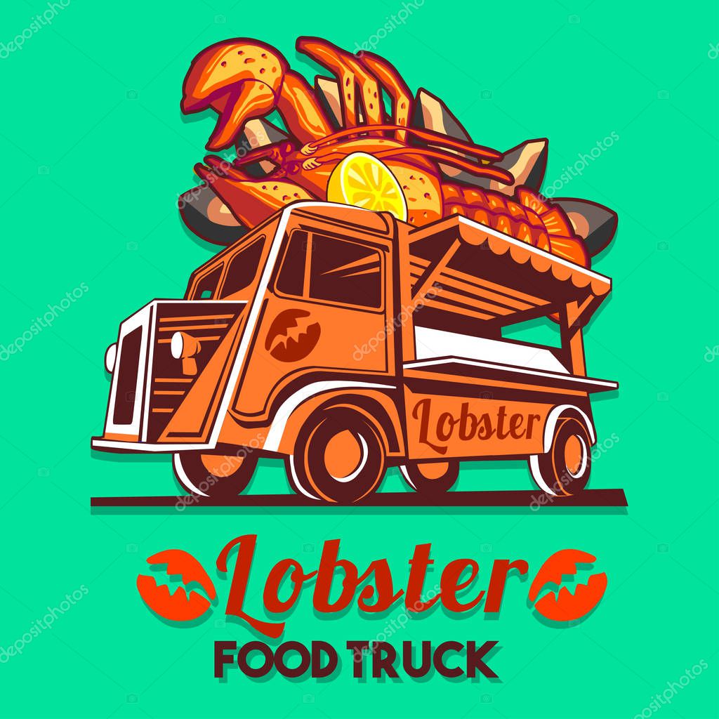 Food truck logotype for lobster and seafood salad fast delivery service or summer food festival. Truck van with red lobster advertise ads vector logo