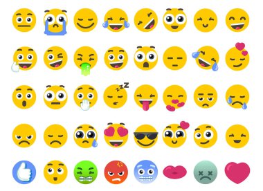 Emoji kümesi üzerinde beyaz vektör ifadeler çıkartmaları izole