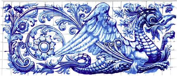 Azul Dragão Azulejo Telha Cerâmica Ímã Lembrança Realista Vecto — Vetor de Stock