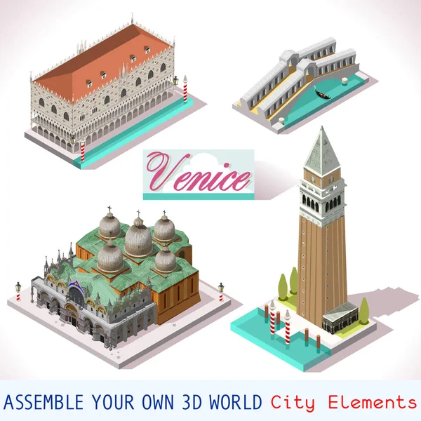 Venedig isometrische Gebäude Vektor Spiel Icon Set — Stockvektor