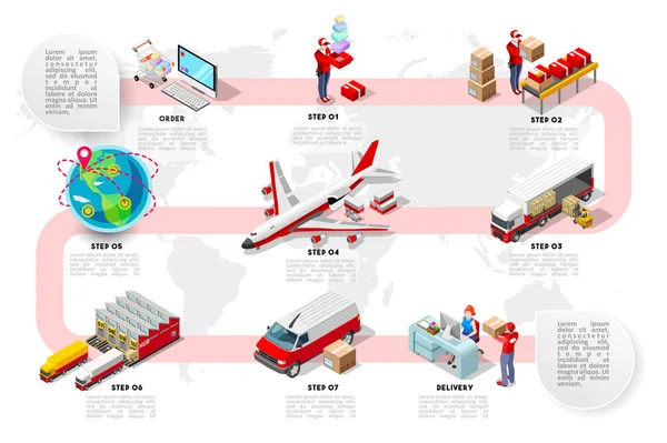 Red Logística del Comercio Internacional Vector de Infografía Isométrica — Vector de stock