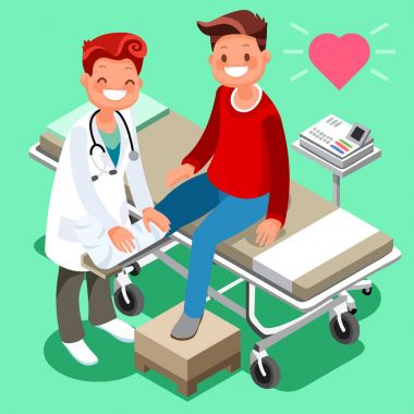 Erkek doktor ve adam hasta izometrik çizgi film