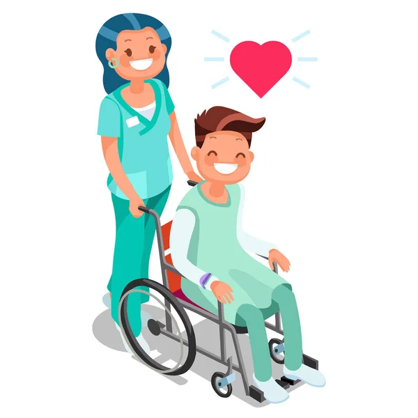 Enfermeira com paciente em cadeira de rodas isométrica pessoas desenho animado vetor — Vetor de Stock