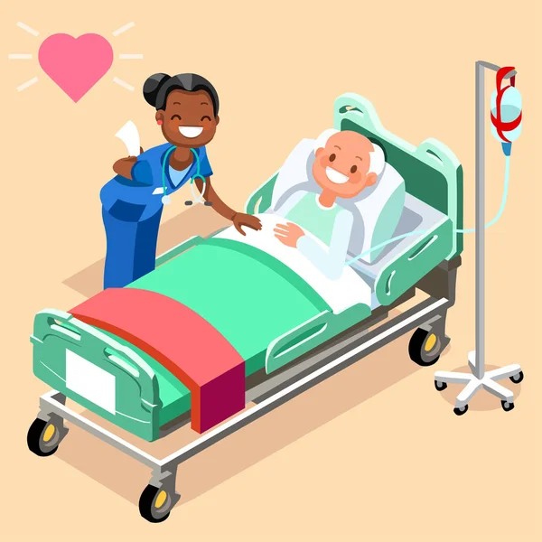 Enfermeira Negra ou Médico de Família na Cama de Paciente Masculino — Vetor de Stock