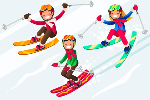 Skiing People Cartoon Characters Skis in Snow — Stock Vector