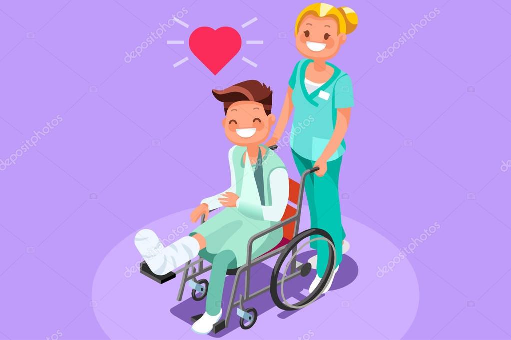 Patient with broken leg and plaster cast. 3D flat isometric people vector medical illustration