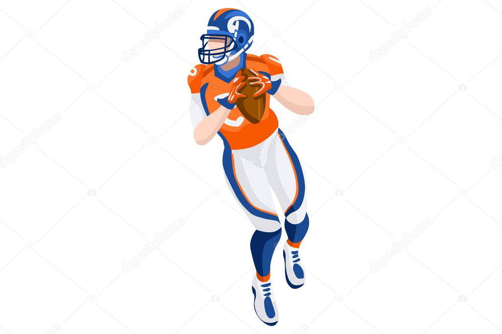 Background of american football vector poster. 3D flat american football player. Isometric people cartoon for sport illustration.