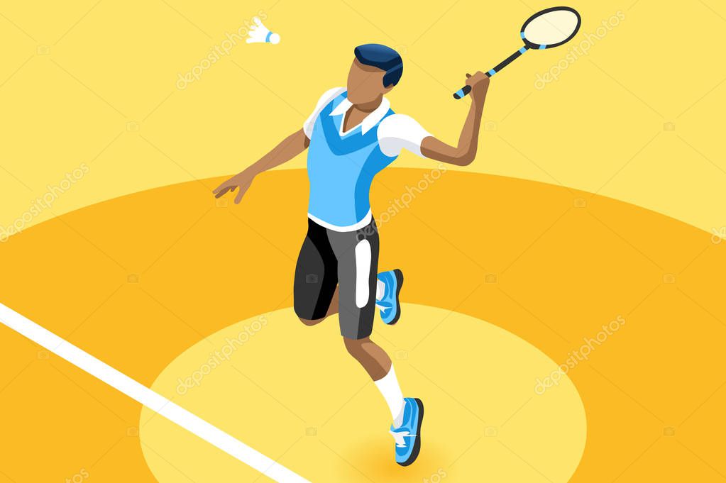 Badminton vector boy. Sport background with badminton athlete playing athletics competition. Isolated isometric people illustration.