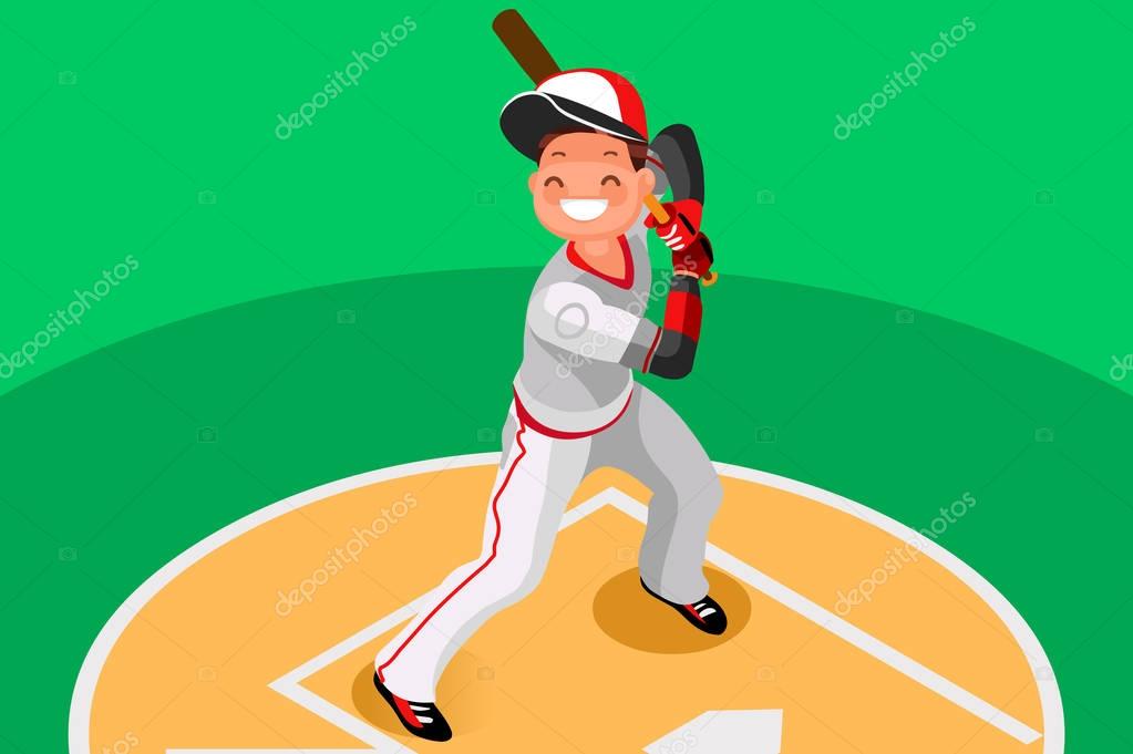 Background of baseball with vector mascotte. Sport poster with mlb player. 3d flat isometric people cartoon illustration.