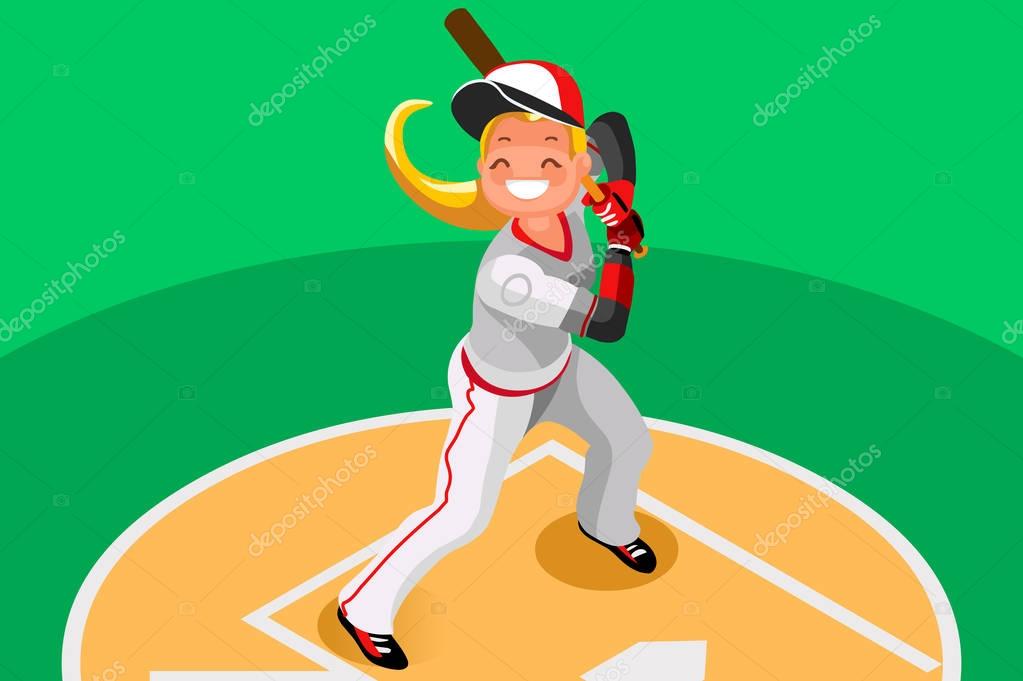 Background of baseball with vector mascotte. Sport poster with mlb player. 3d flat isometric people cartoon illustration.