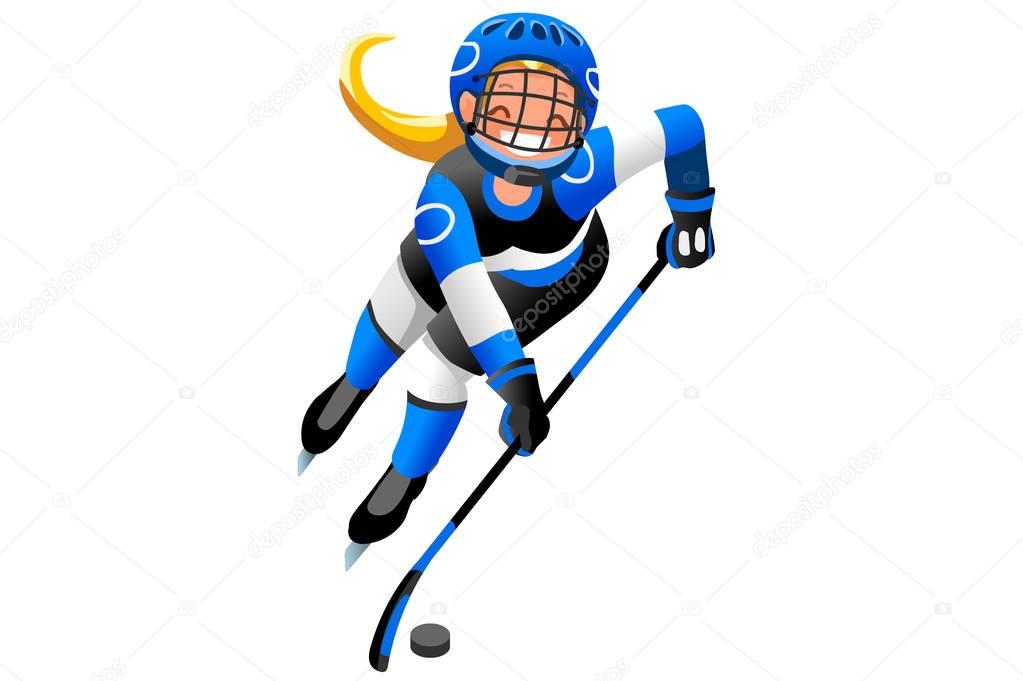 Ice hockey vector cartoon clipart. Winter sports background with hockey athlete playing winter olympics competition. 3D flat Isolated isometric people illustration.