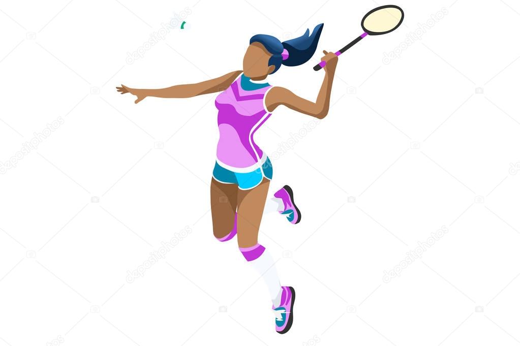 Badminton vector girl. Sport background with badminton athlete playing athletics competition. Isolated isometric people illustration.