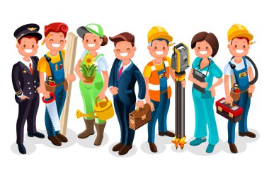 İşçi Bayramı. Vektör çalışan her kişi iş üniforması belirli meslek veya meslek grubu. Farklı işçi ve profesyonel İşveren çizgi kahramanlar. Vektör insanlar düz çizim.