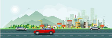 Kentsel trafik ve ofis binaları duvar kağıdı. Yatay vektör tasarımı.