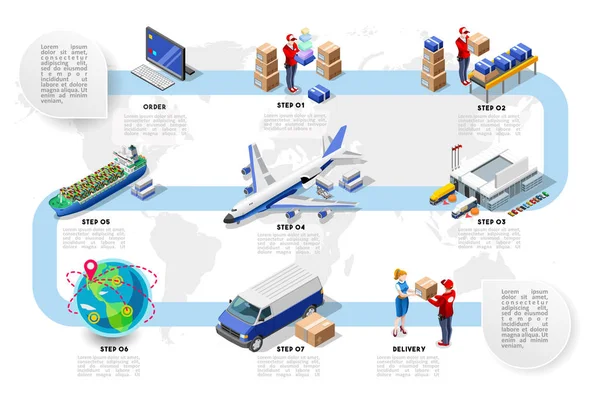 Logistyka Transportu Pojazdu Koncepcja Handlu Transportu Ilustracja Wektorowa Płaszczyznę Izometryczną — Wektor stockowy