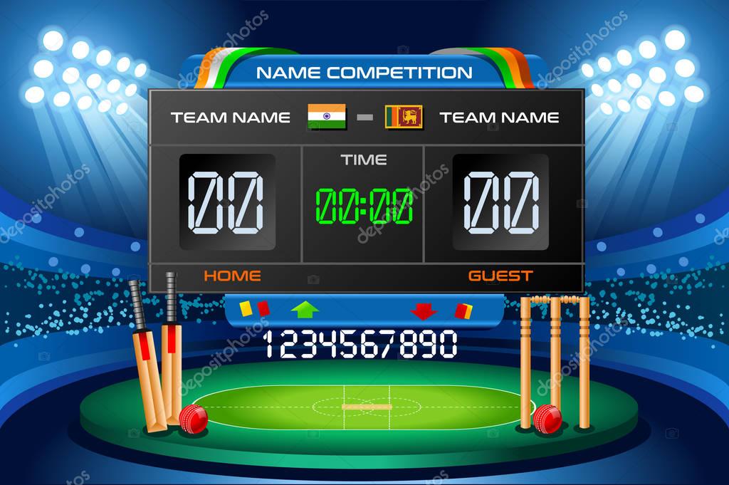 Cricket background with scoreboard. Hitting recreation equipment. Vector design.