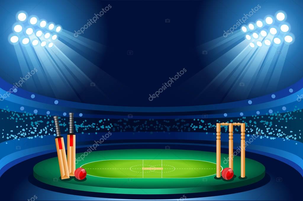 Cricket stadium background. Hitting recreation equipment. Vector design.