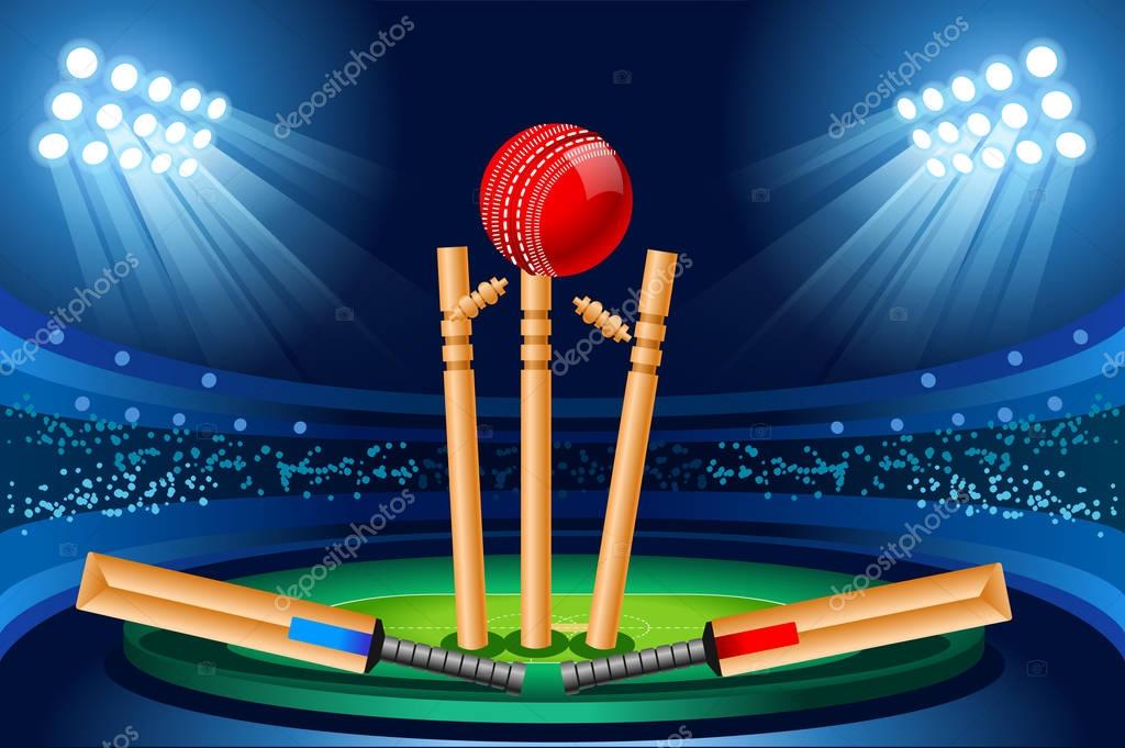 Cricket stadium background. Hitting recreation equipment. Vector design.