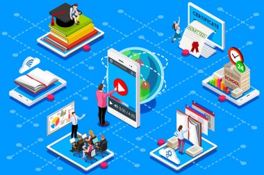 İzometrik cihaz eğitim konferans ve toplantı web sertifikası. Eğitim Gösterim amacıyla afiş, infographics, kahraman görüntüler. Düz izometrik vektör illüstrasyon izole mavi arka plan üzerinde.