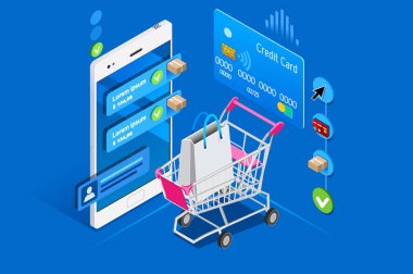 Sepeti ve alışveriş arabirimi Kullanıcı telefon, izometrik kavramı. Gösterim amacıyla web afiş, infographics, kahraman fotoğraf alışveriş. Düz izometrik vektör illüstrasyon izole mavi arka plan üzerinde.