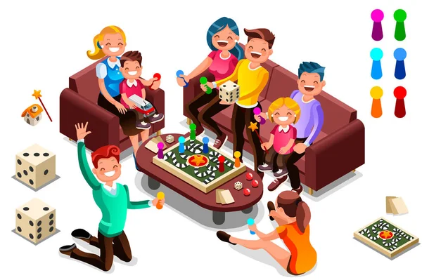 Adults Leisure Board Games Isometric People Activity Cartoon Illustration Web — Stock Vector