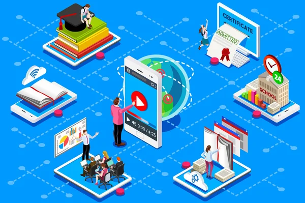 Education conference and meeting web certificate on isometric device. Education illustration for banner, infographics, hero images. Flat isometric vector illustration isolated on blue background.