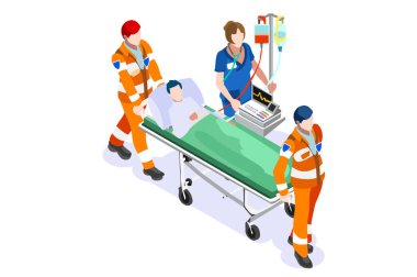 Gelişmiş Tıp Sitesi İniş Sayfası. Hastanenin Bacağı Hasta Tarafından Kırılan Acil Sağlık Servisi. Tıbbi Ambulans Personeli Web Sayfasında. Çizgi film Düz Vektör İllüstrasyonu
