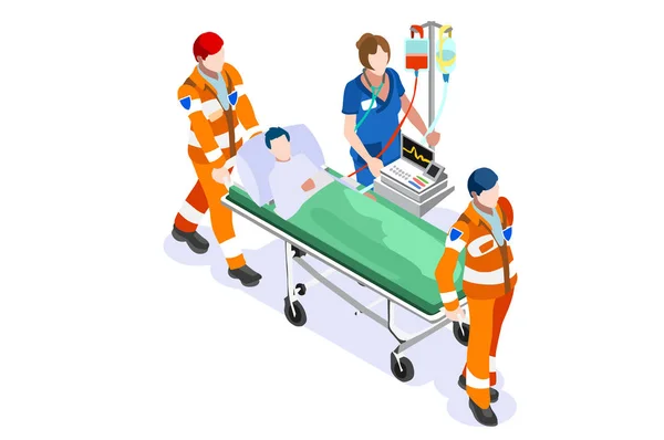 Προηγμένη ιστοσελίδα ιατρικής Landing Page. Επείγον ιατρικό περιστατικό στο Νοσοκομείο Πόδι Σπασμένο από ασθενή. Προσωπικό Ιατρικού Ασθενοφόρου στην ιστοσελίδα Banner. Εικονογράφηση επίπεδου διανύσματος κινουμένων σχεδίων — Διανυσματικό Αρχείο