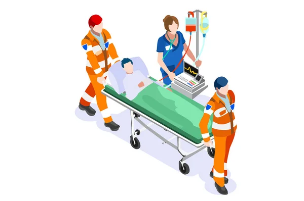 Página Web de Medicina Avanzada Landing Page. Emergencia paramédica médica en la pierna del hospital rota por el paciente. Men Staff of Medical Ambulance on Web Page Banner (en inglés). Dibujos animados plana Vector Ilustración — Archivo Imágenes Vectoriales