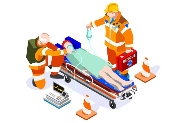 Advanced Medicine Website Landing Page. Medic Paramedic Emergency at the Hospital Leg Broken by Patient. Men Staff of Medical Ambulance on Web Page Banner. Cartoon Flat Vector Illustration — Stock Vector