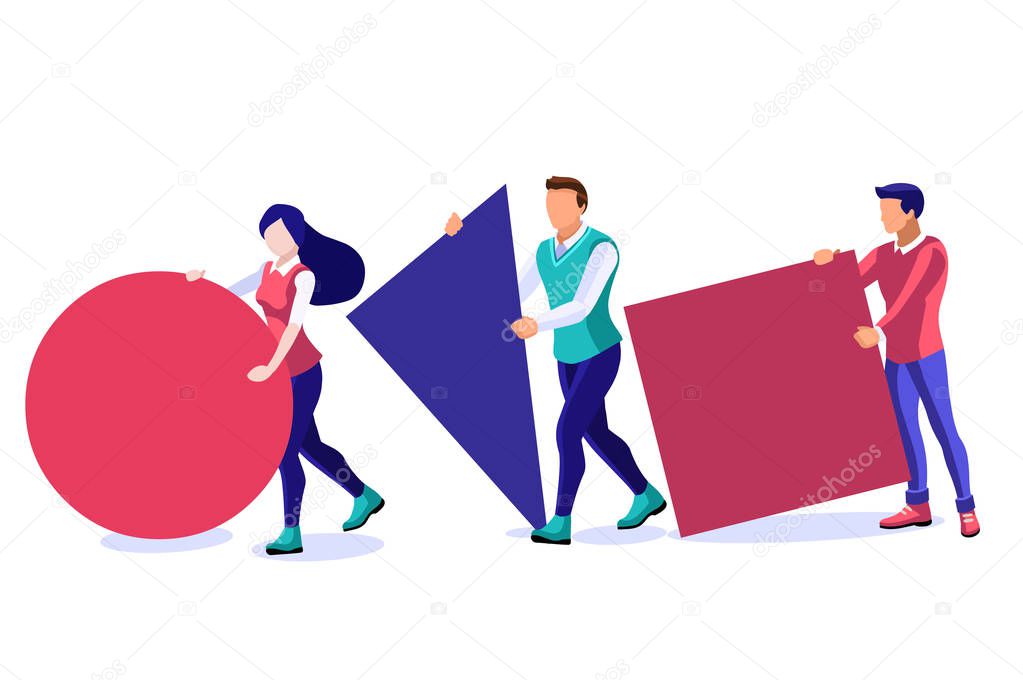 Concept of efficiency, strategy winning business in innovation. Businessman pushing boxes, guys not so lucky in other group against in race, leading a sphere and pushing it. Vector - Vector