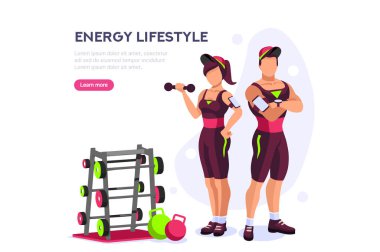 Spor eğlencesi, gençlerin dinlenmesi ve dinlenmesi için keyifli bir eğlence. Enerjinizi güçlü bir şekilde eğitme etkinliği yaşam tarzınız için sağlıklı bir güç. Yaşam ekipmanı düz vektör çizimi..