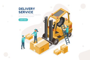 Karton taşıma ve kargo taşıma. Paket deposu ve otomobil teslimatı kavramı. Kargo yükleme ve depolama, karton taşıma hizmeti. Çizgi film düz vektör çizimi.