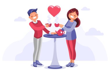 Bir bardak mevsim çayına limon, soğuk bir dilim. Sofrada sıcak içecekler hazırlayan şenlikli bir hamur işiyle iletişim. İlk buluşmada rahat bir erkek. Düz vektör illüstrasyonunu rahatlatıyor.