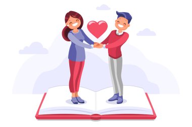 Genç kız arkadaş ve romantik, rahatlatıcı gökyüzü. Kitaplarda boş zaman, evde insan bir çift, uçan bir insanda aşk ışığıyla birlikte vakit geçirmek, onun erkek arkadaşı. Çizgi film düz vektör çizimi.