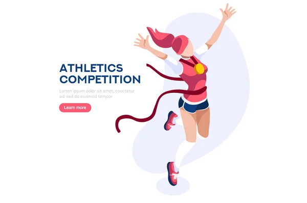 Pagina Web, Luogo con le mani degli atleti. Torneo con Atletica Personaggi per la Vittoria. Cartoni animati sulla pagina web di un primo forte concorso per una medaglia d'oro. Illustrazione vettoriale piatta — Vettoriale Stock