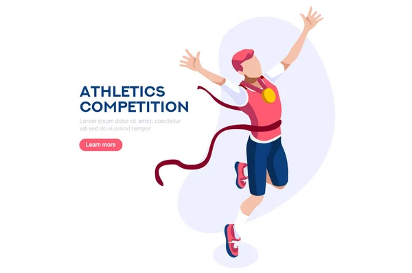 Página Web, Lugar com Mãos de Atletas. Torneio com personagens de atletismo para a vitória. Cartoons on Website Page on a First Strong Competition for a Gold Medal (em inglês). Ilustração vetorial plana . — Vetor de Stock